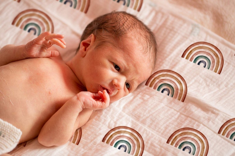Miaoberry Organic Muslin Baby Swaddle Blanket and Hat Set Newborn Unisex Neutral Boy Girl| Boho Rainbow |Photo Props Birth Announcement Card - Image 4
